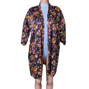 RARE Vintage 1990's Disney 100% Silk Mickey Mouse Plum Floral Robe Kimono